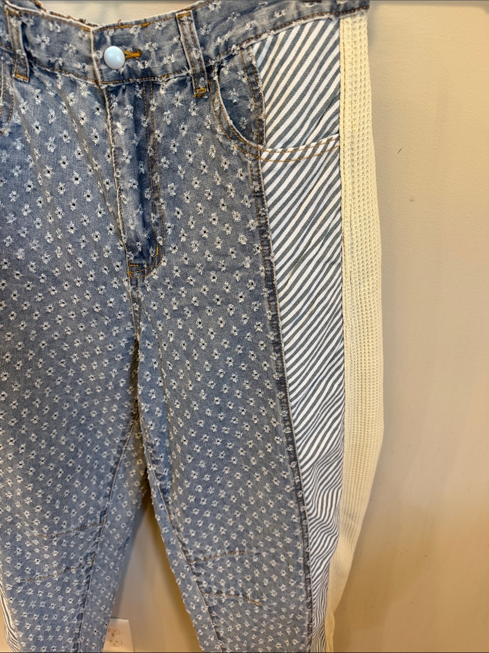 POL Luna Textured Barrel Pants Blue Patchwork Size Medium - Picture 4 of 10